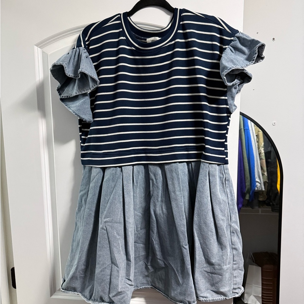 Entro Navy and Light Blue Denim Striped Dress